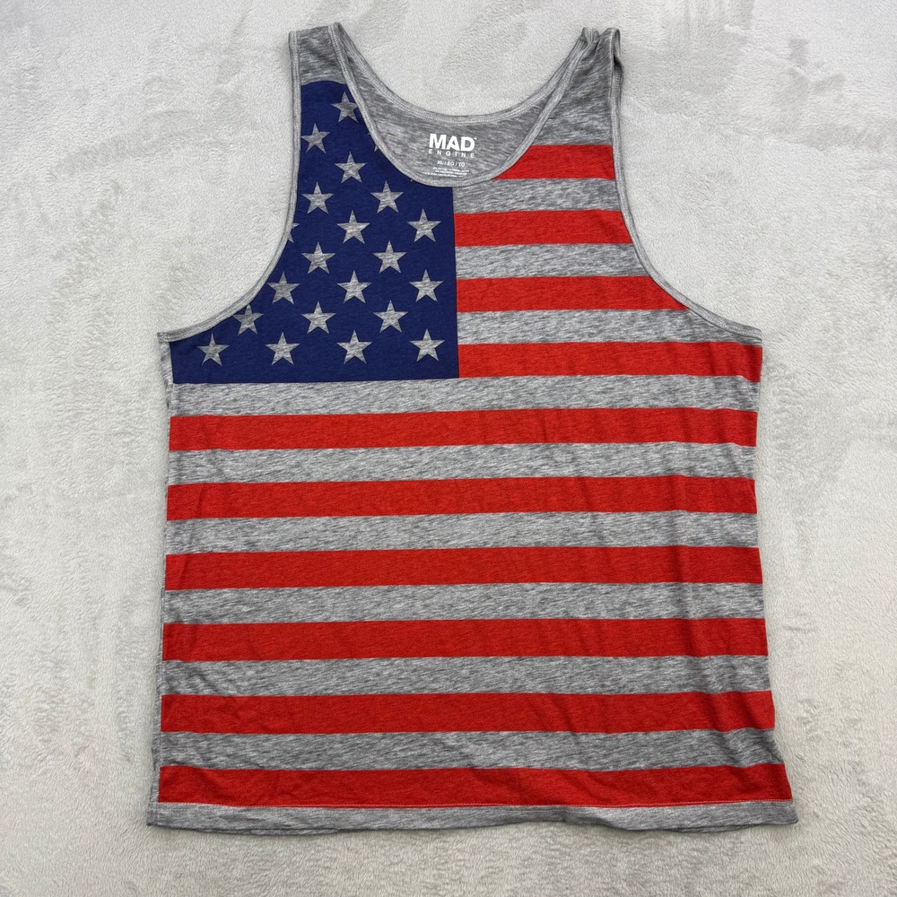 Mad Engine Tank Top Mens XL Gray American Flag Stars Stripes Patriotic Americana